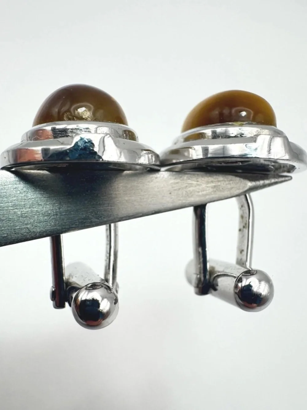 Vintage Sun Eagle Tiger Eye Cufflinks Oval Cabochon Silver Tone Formal Accessory